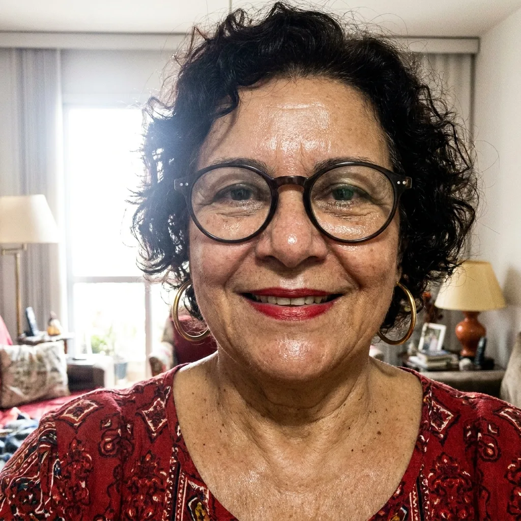 Sônia, 61 anos, sorrindo com cabelo cacheado e brilhante