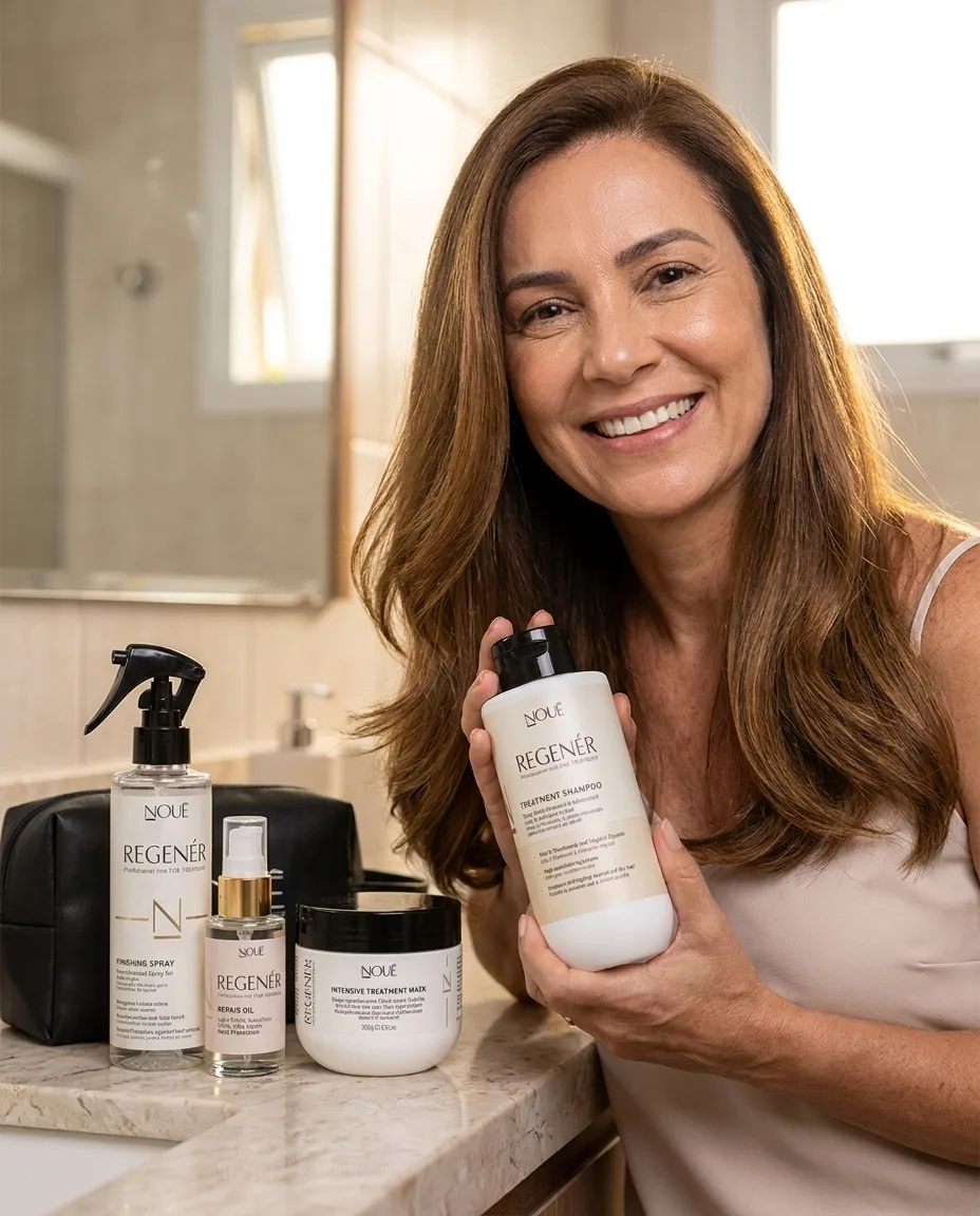 Mulher 40+ sorrindo segurando o Kit Regenér no banheiro